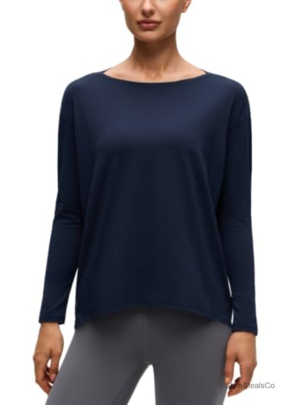 Pima Cotton Boat Neck Top Loose Fit Long Sleeve Yoga Workout Tee
